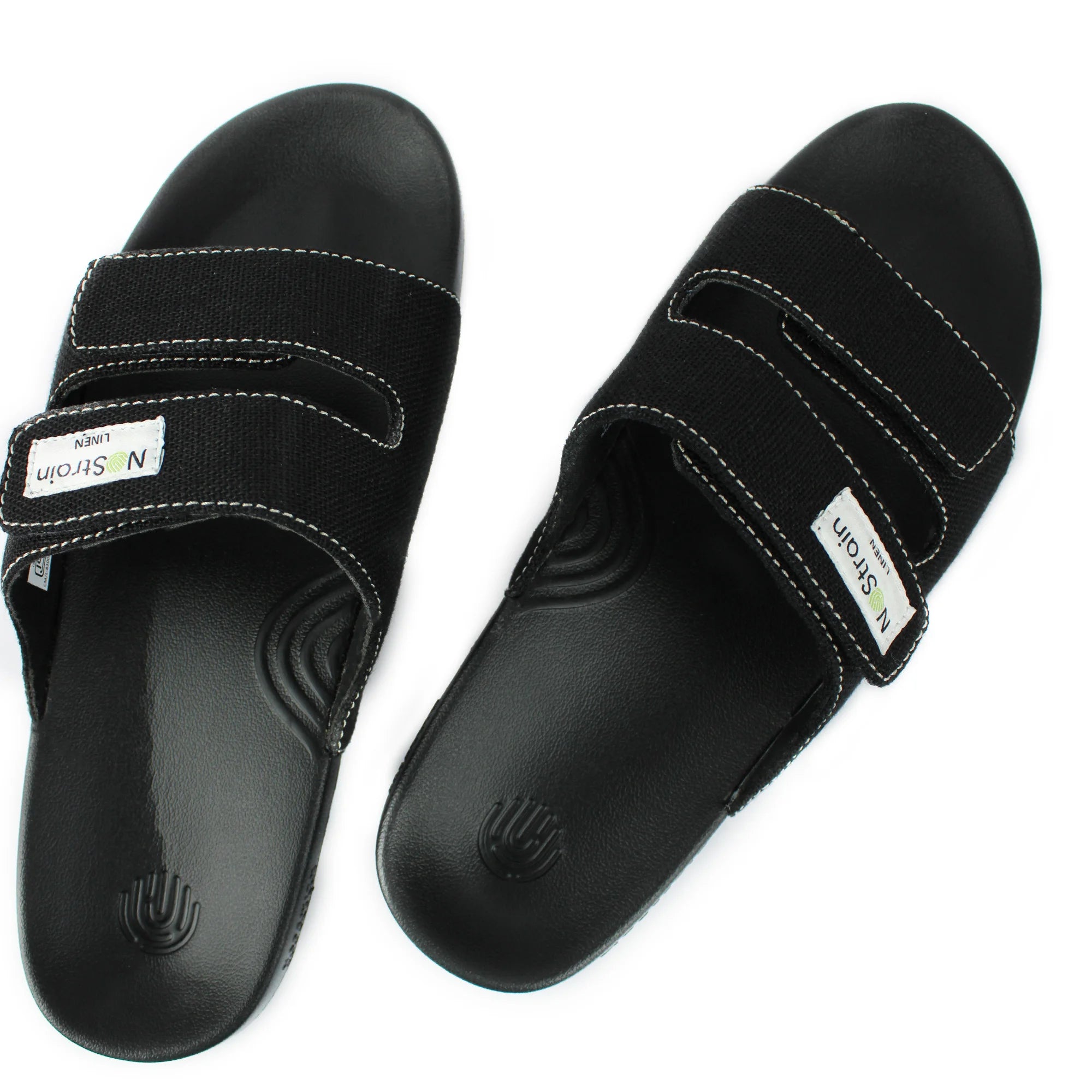 Step into urban elegance with Men's Midnight Black Linen Parallel Sugar Sliders, blending comfort and style effortlessly.