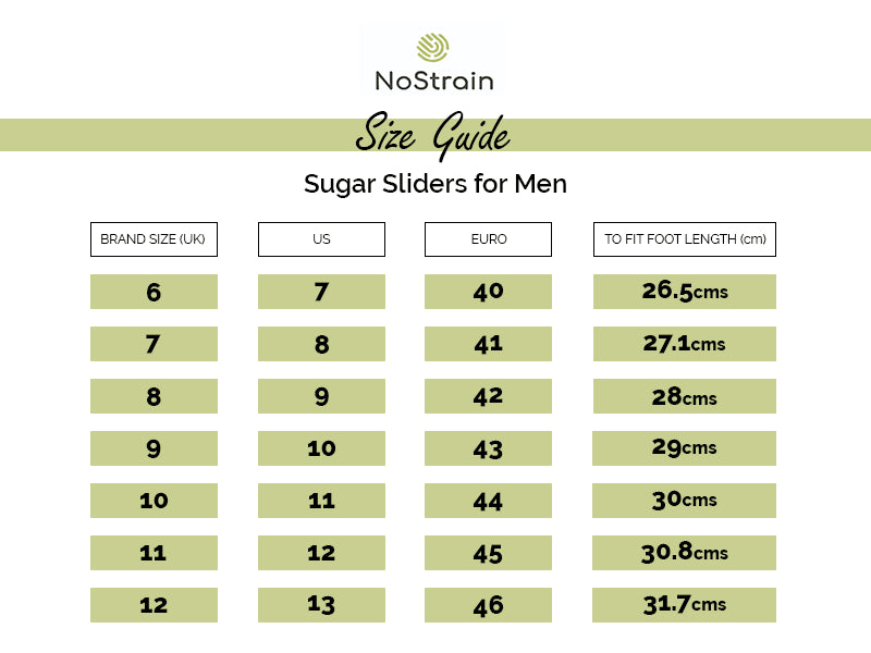 Men's Size chart for sliders