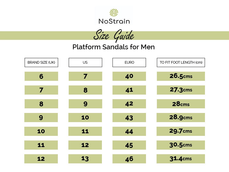 Platform Sandals Size chart for men
