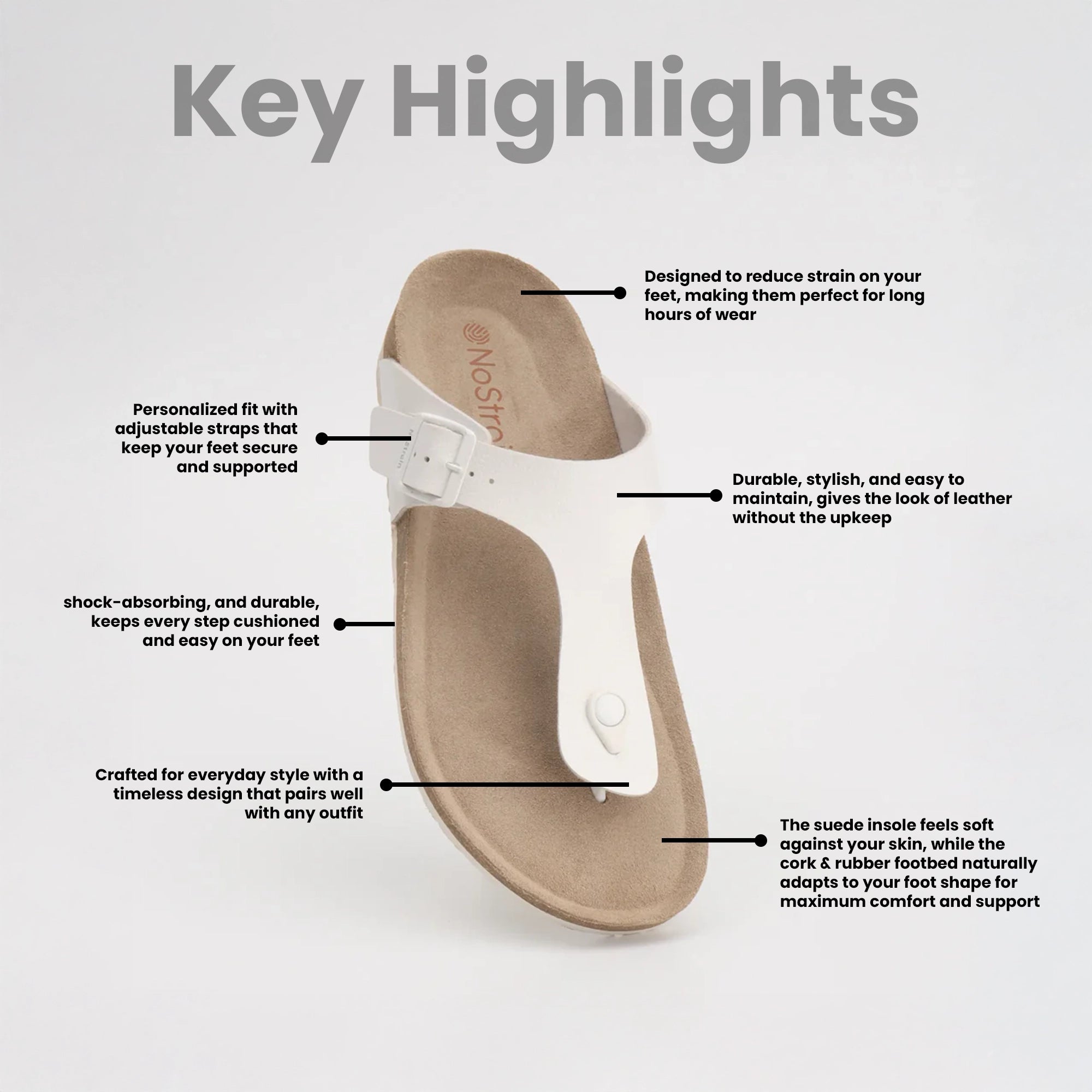 NoStrain women Thong cork sandals info graphics