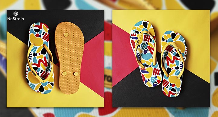 Yellow rubber slippers with TwistedGeo and GoWild prints for men and women.