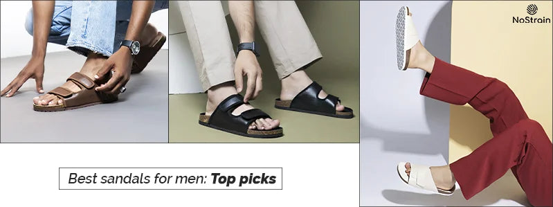 Top men's sandals for summer including cork sandals in black, grey, beige, and navy for comfort and style.