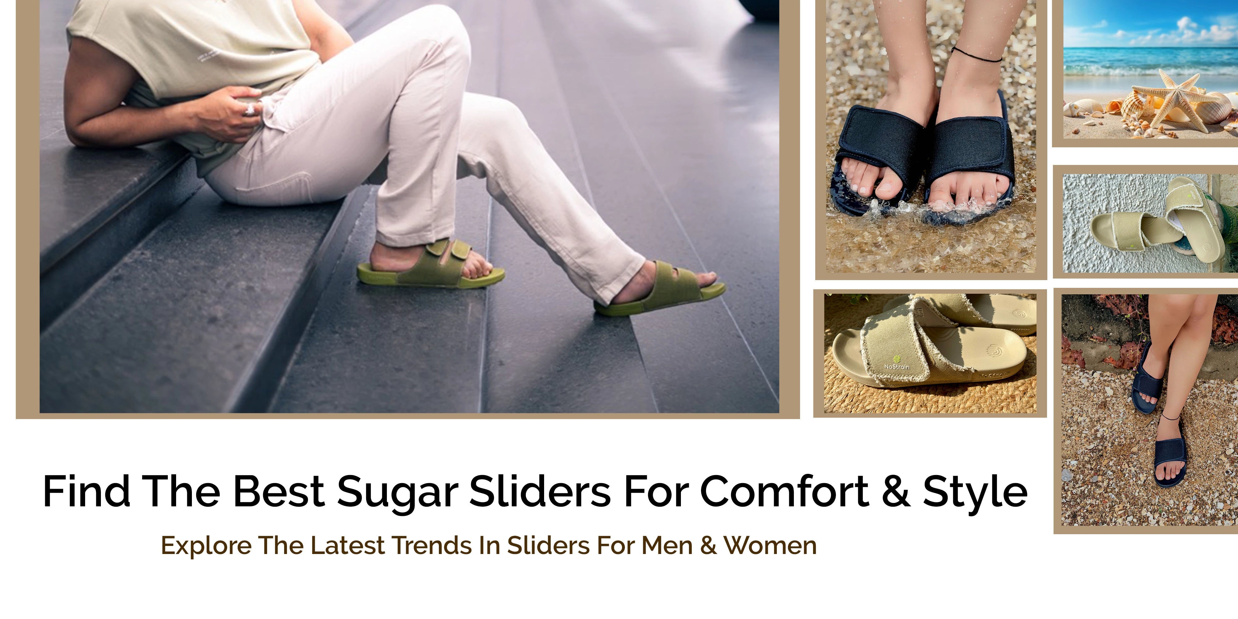 Comfortable and stylish sliders for men and women, including office wear and casual options from NoStrain and Sugar brands.