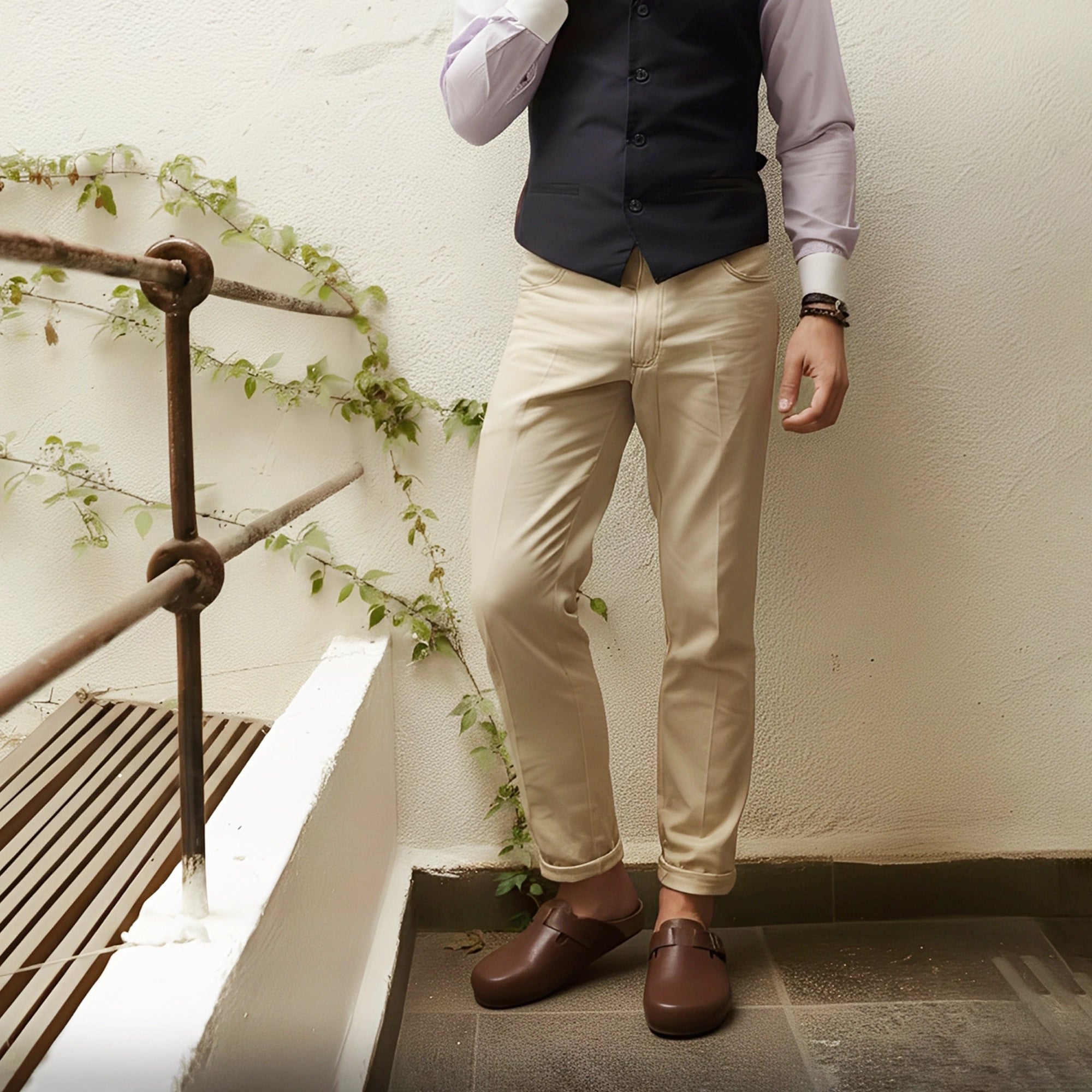 Person wearing a vest, shirt, pants, and brown mule sandals