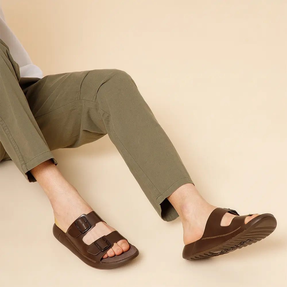 Sophisticated Brown Leather Buckle Slides for Men with Genuine Suede Lining and Slip-Resistant PU Sole by NoStrain.
