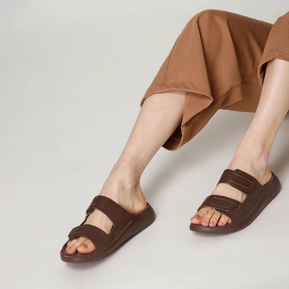 NoStrain women brown leather sandals with parallel design and ISI marked premium quality.