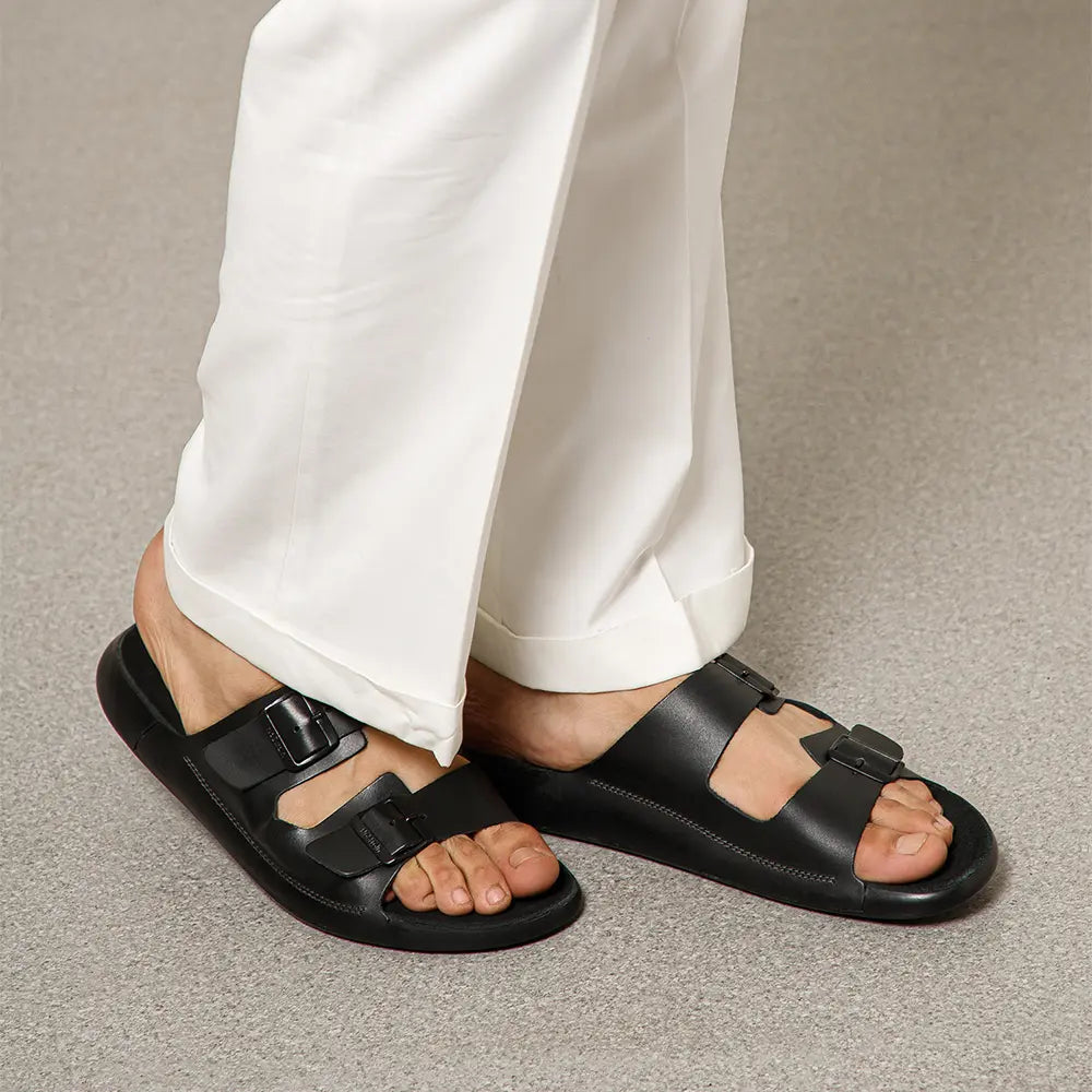 Premium quality black leather footwear by NoStrain, perfect for daily wear