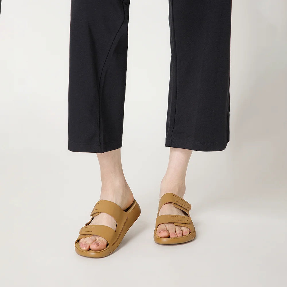 NoStrain women camel leather sandals with parallel design and ISI marked premium quality.