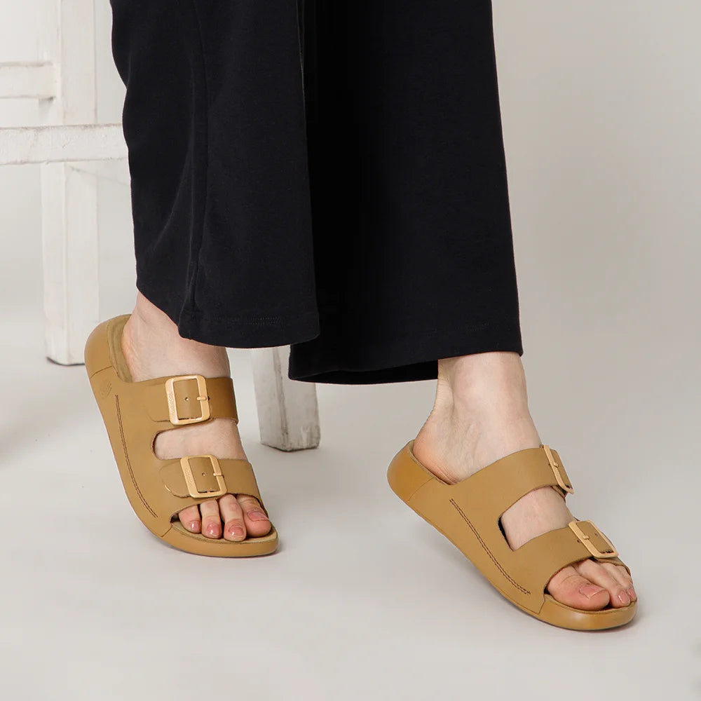 NoStrain women camel leather sandals with adjustable front buckles and ISI marked premium quality.