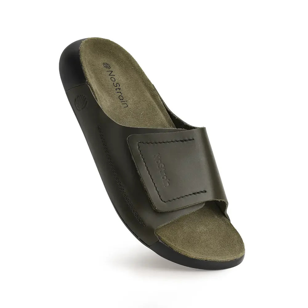 Men's luxury olive green leather sliders 