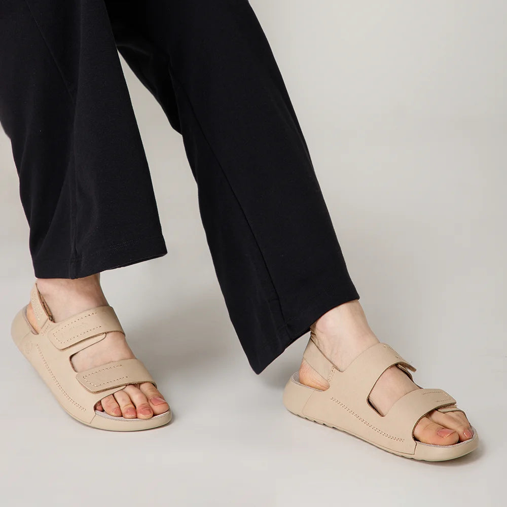 NoStrain women's beige leather sandals with adjustable back strap and premium ISI marked quality.