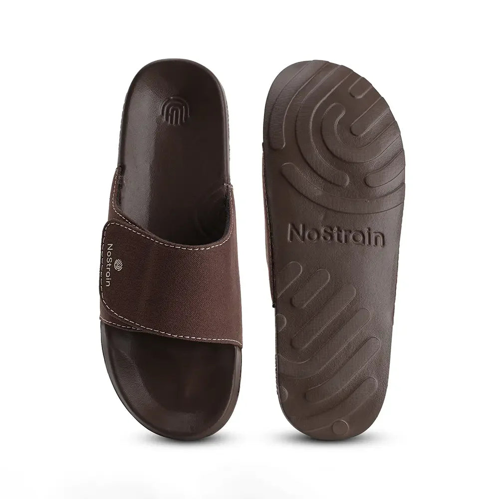Brown canvas Sliders for men, perfect for summer walks or lounging by the pool.