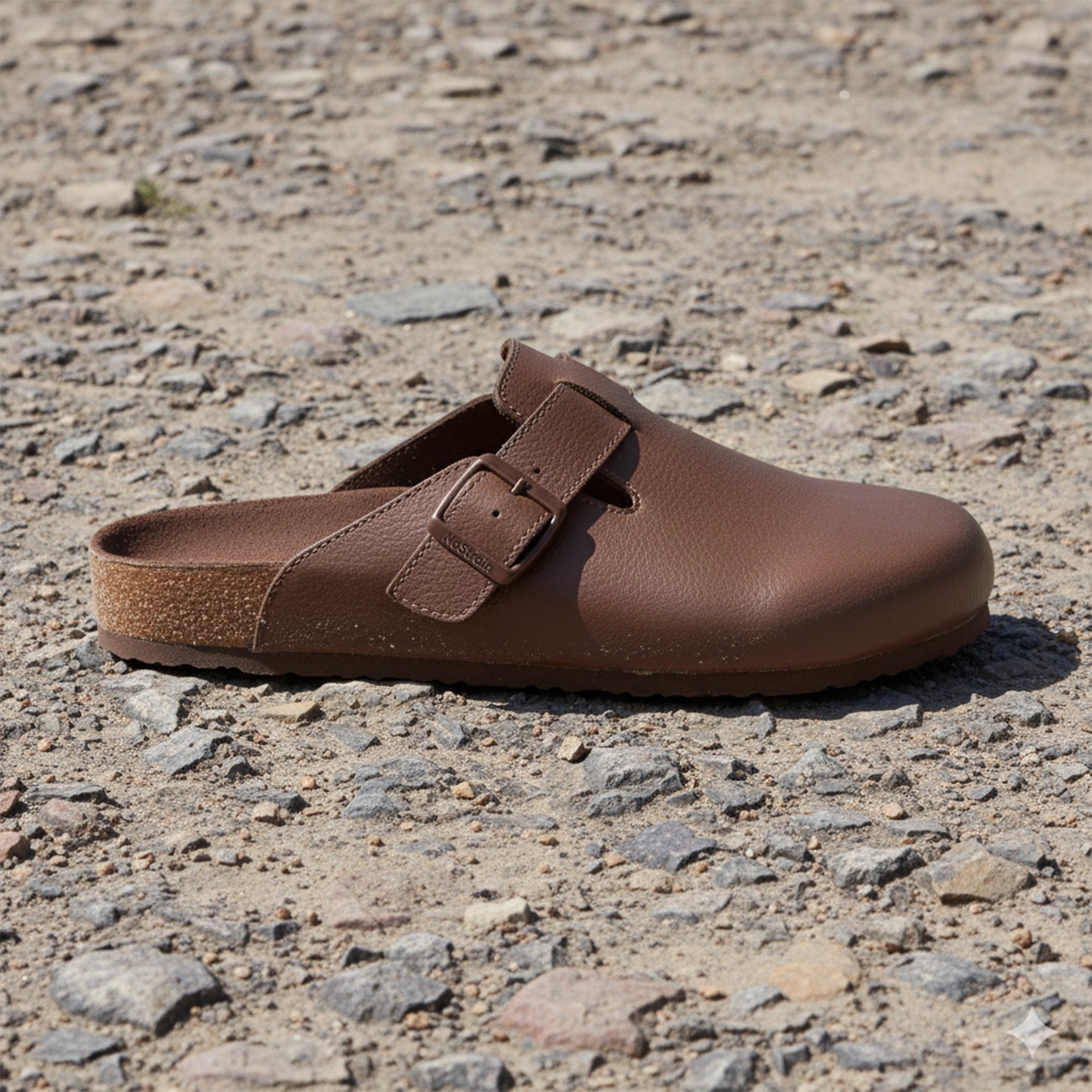 Brown leather mule  sandal on a gravel surface