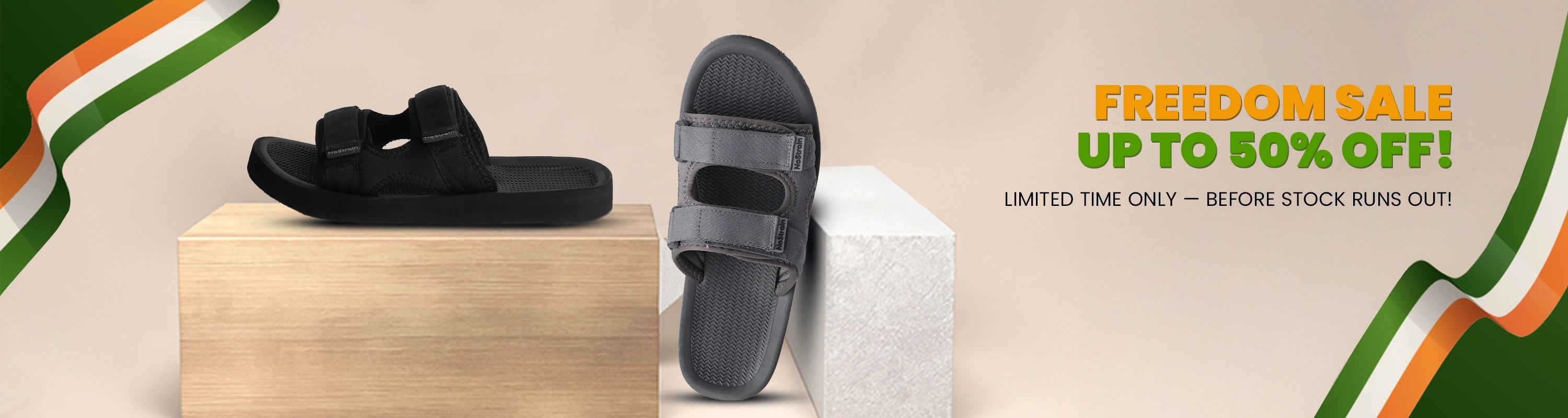 Black sandals on a white block with promotional text for a freedom sale on a beige background.