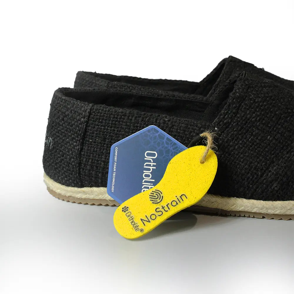 Best black espadrilles for men in India by NoStrain featuring breathable cotton slub fabric and Ortholite comfort insole