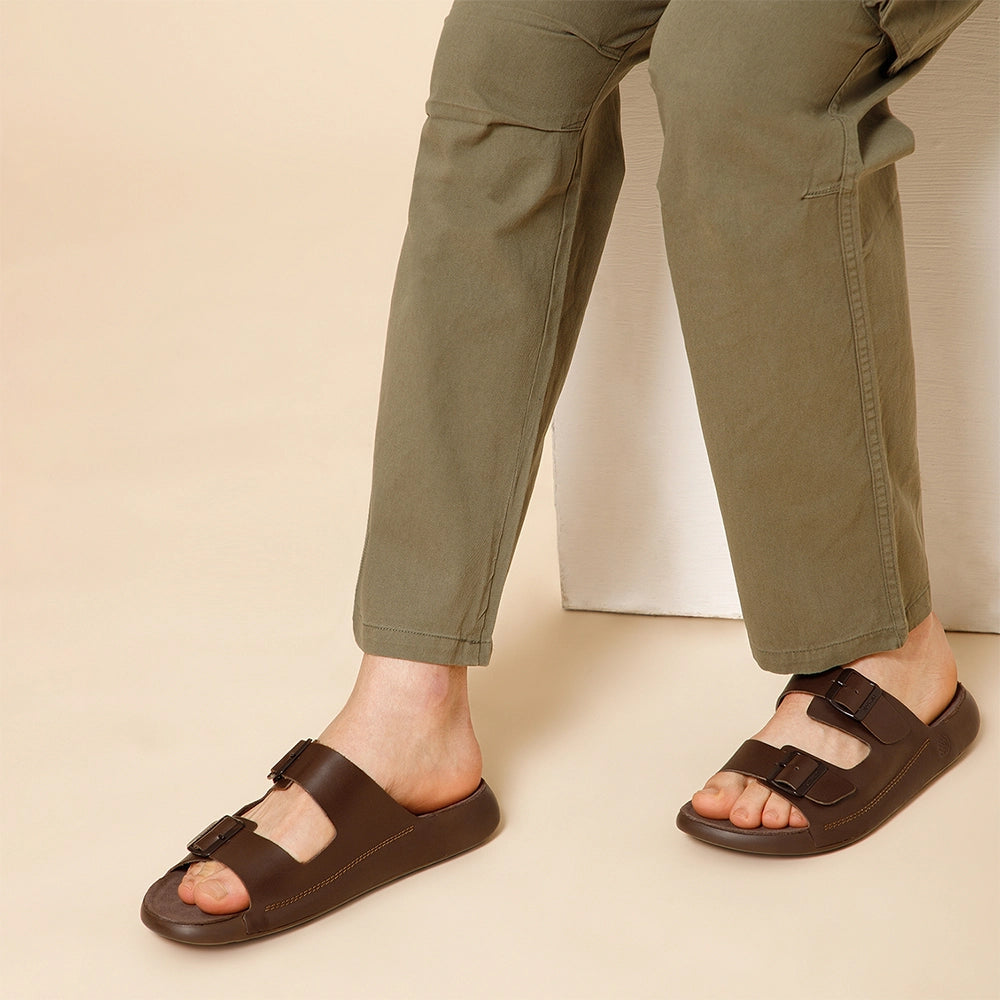 Best Indian Leather Footwear: NoStrain Brown Dual-Buckle Sandals with Premium Leather and Orthopedic Comfort.