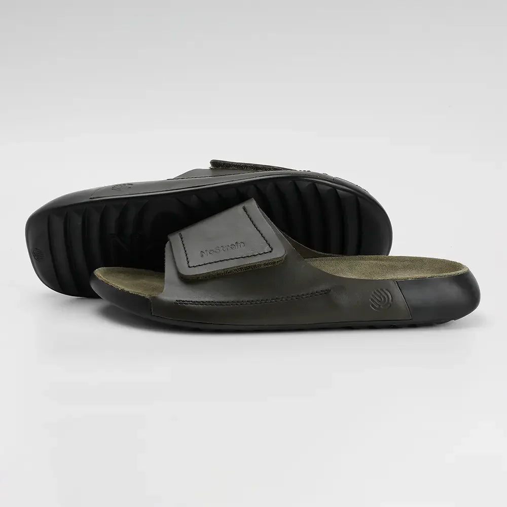 olive green leather sliders for men