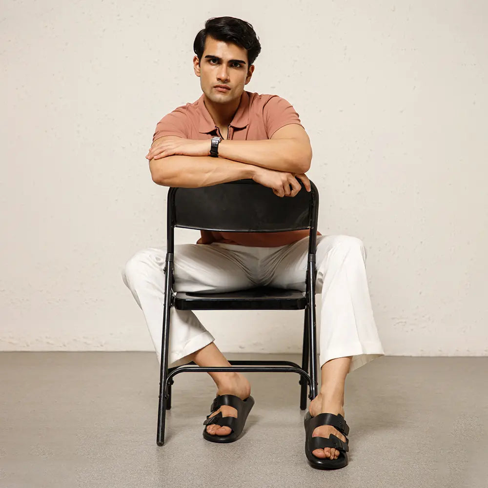 Durable black leather sandals for men, with a slip-resistant PU sole