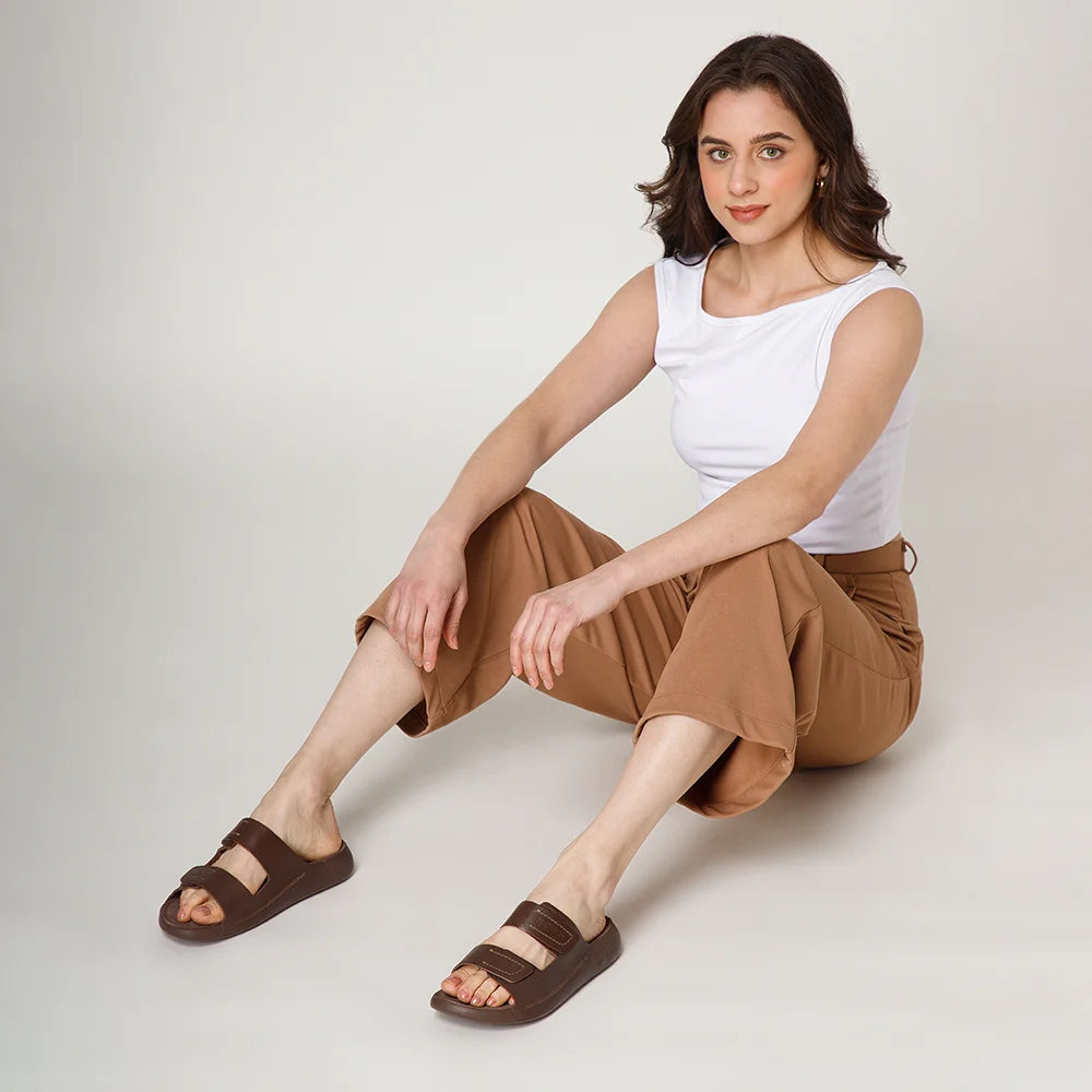 Premium NoStrain brown leather sandals for women with lightweight PU outsole and ISI certification.