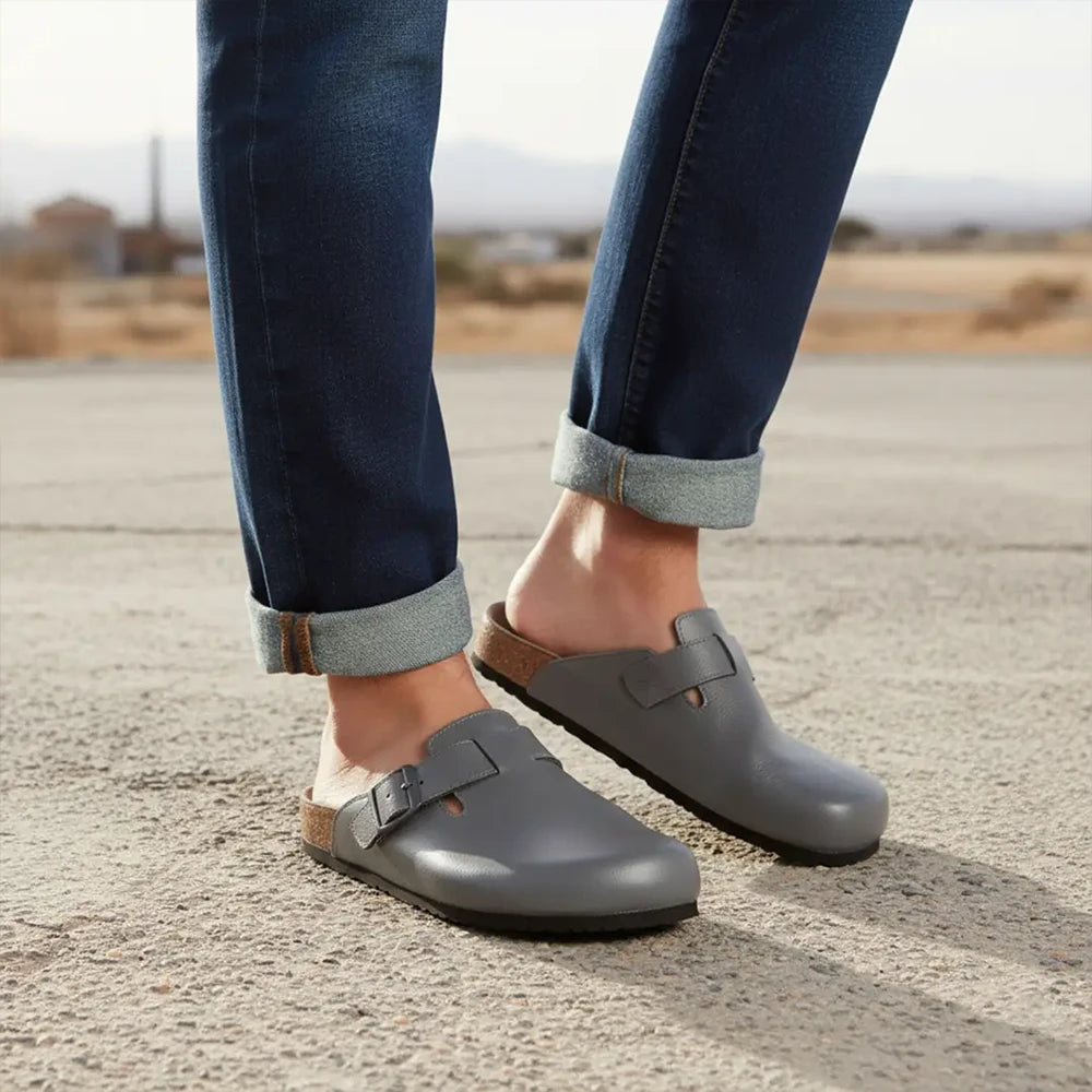Cork grey mules & half shoes for men with adjustable buckles