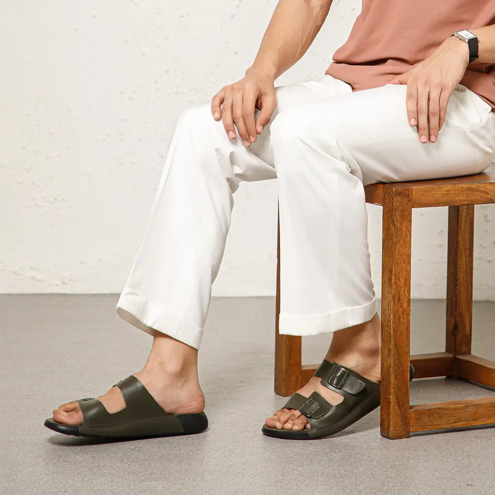 Men's Olive color leather sandals with dual buckle closure.