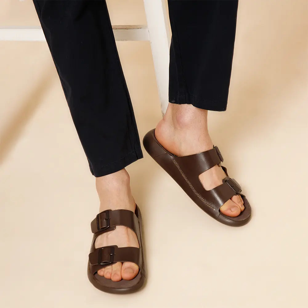 NoStrain Men's Brown Leather Sandals with Durable PU Outsole and Adjustable Buckles for Daily Wear