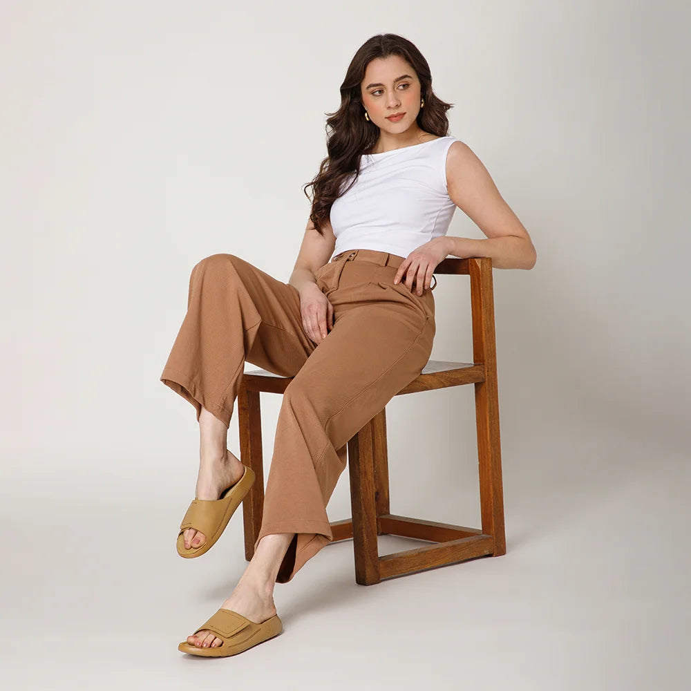 NoStrain camel leather footwear for women with lightweight PU sole and broad strap closure.