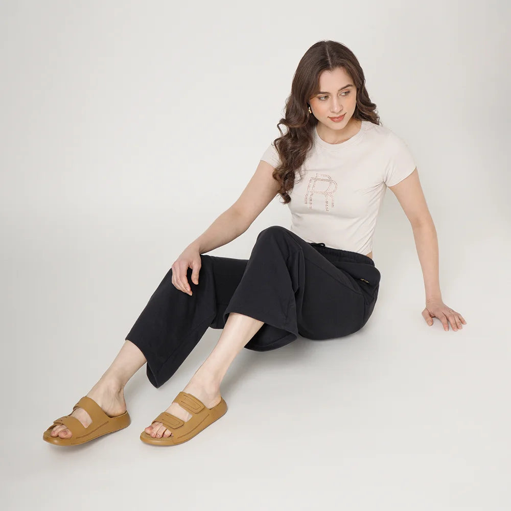 Stylish NoStrain flat camel leather sandals featuring parallel strap design and ISI certified build.