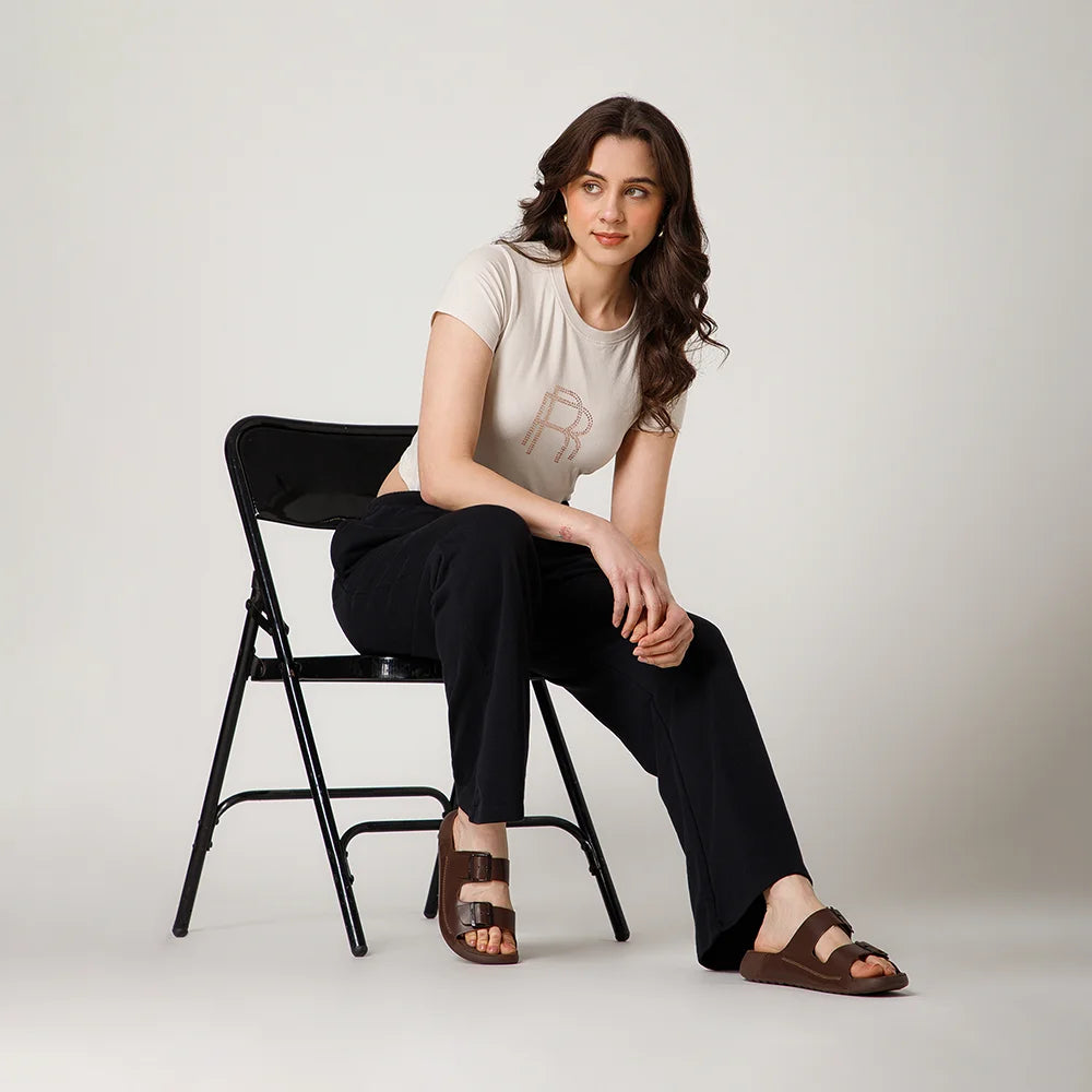 Premium NoStrain brown leather sandals for women with lightweight PU sole and ISI certified design.