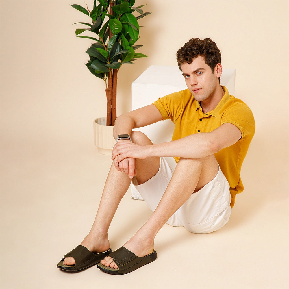 NoStrain Men's Orthopedic Comfort Sliders in Olive Green Leather with Soft Suede Footbed and PU Outsole.