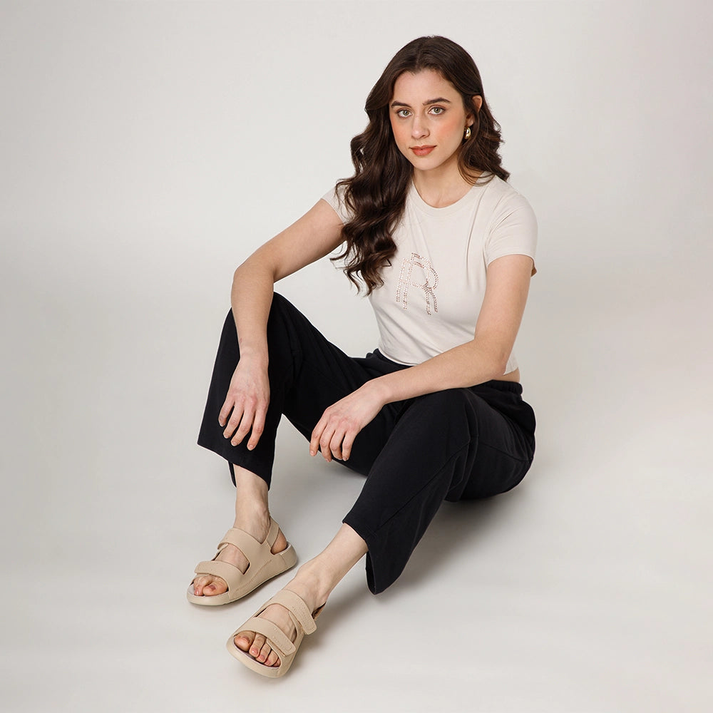 Premium quality NoStrain women's sandals in beige leather with dual strap hook and loop design.