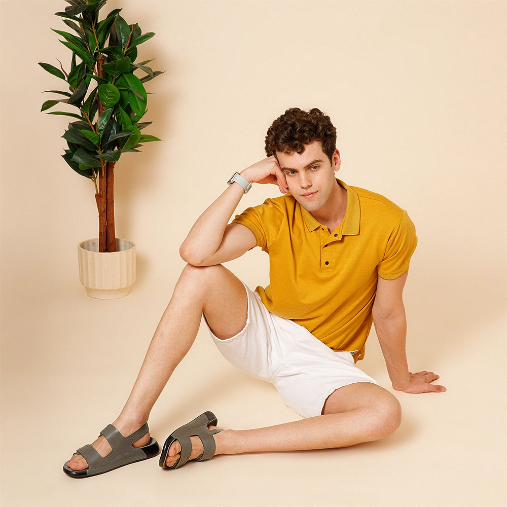 Comfortable Men's Grey Sandals with Dual Hook and Loop Straps and Genuine Leather Upper by NoStrain.