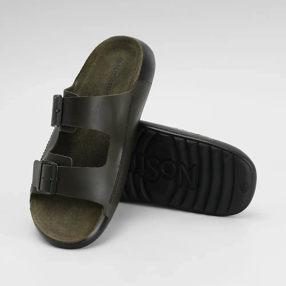 Olive green leather sandals for men with buckles