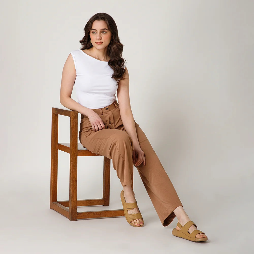 Comfortable NoStrain ladies camel footwear with adjustable hook loop straps and PU outsole.