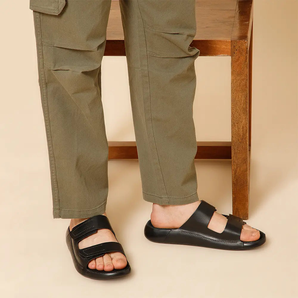 NoStrain ISI marked premium quality leather footwear for men in black.