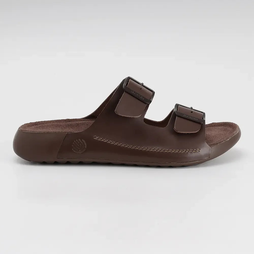 NoStrain men brown leather sandals with buckle adjustable strap