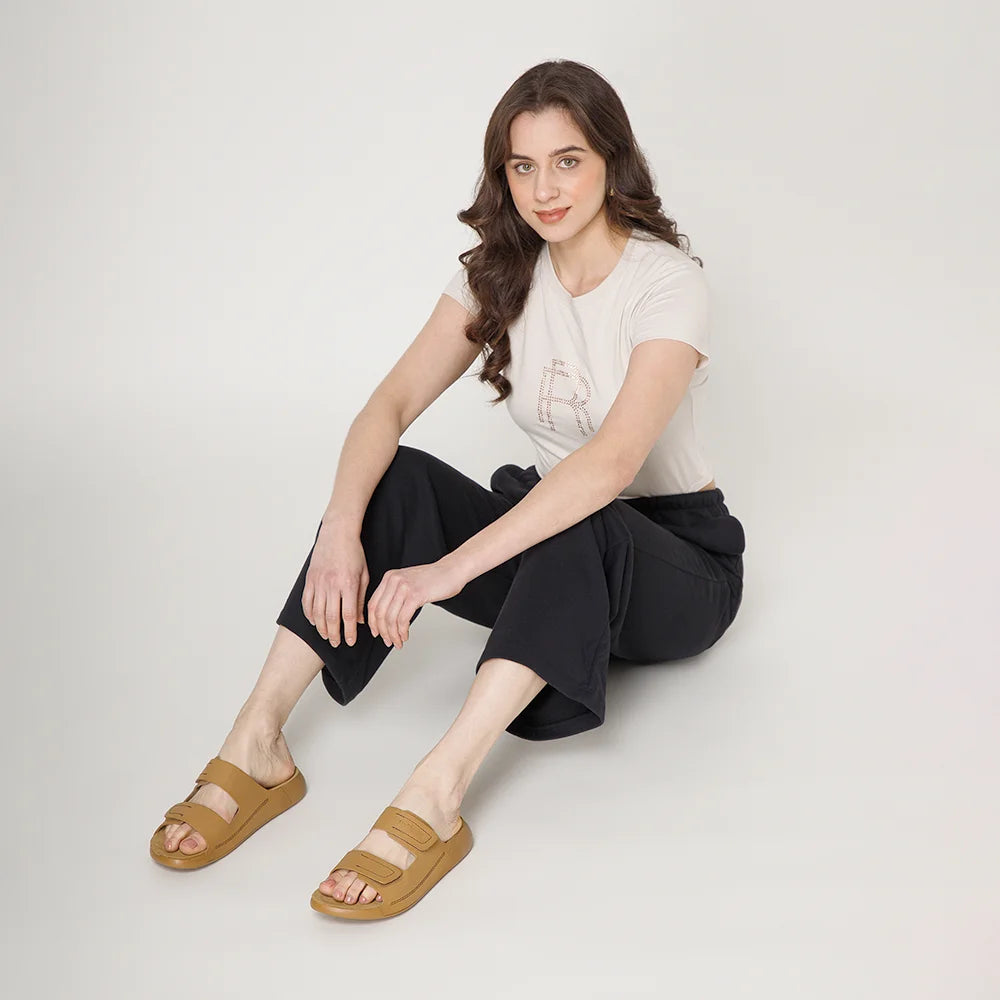 NoStrain women leather footwear camel color with dual adjustable straps and comfort PU grip.