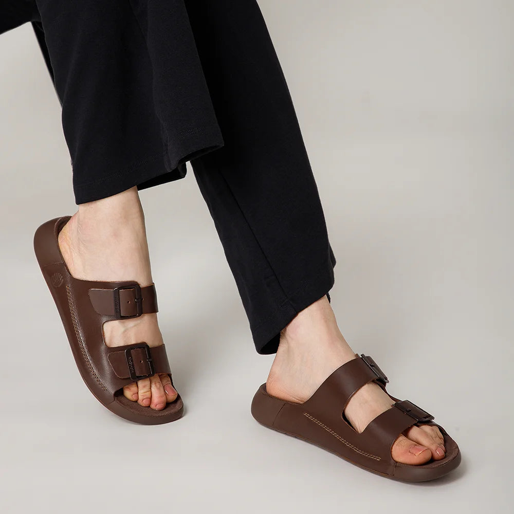 NoStrain brown leather sandals for women with premium ISI quality and adjustable front buckle straps on a durable PU sole.