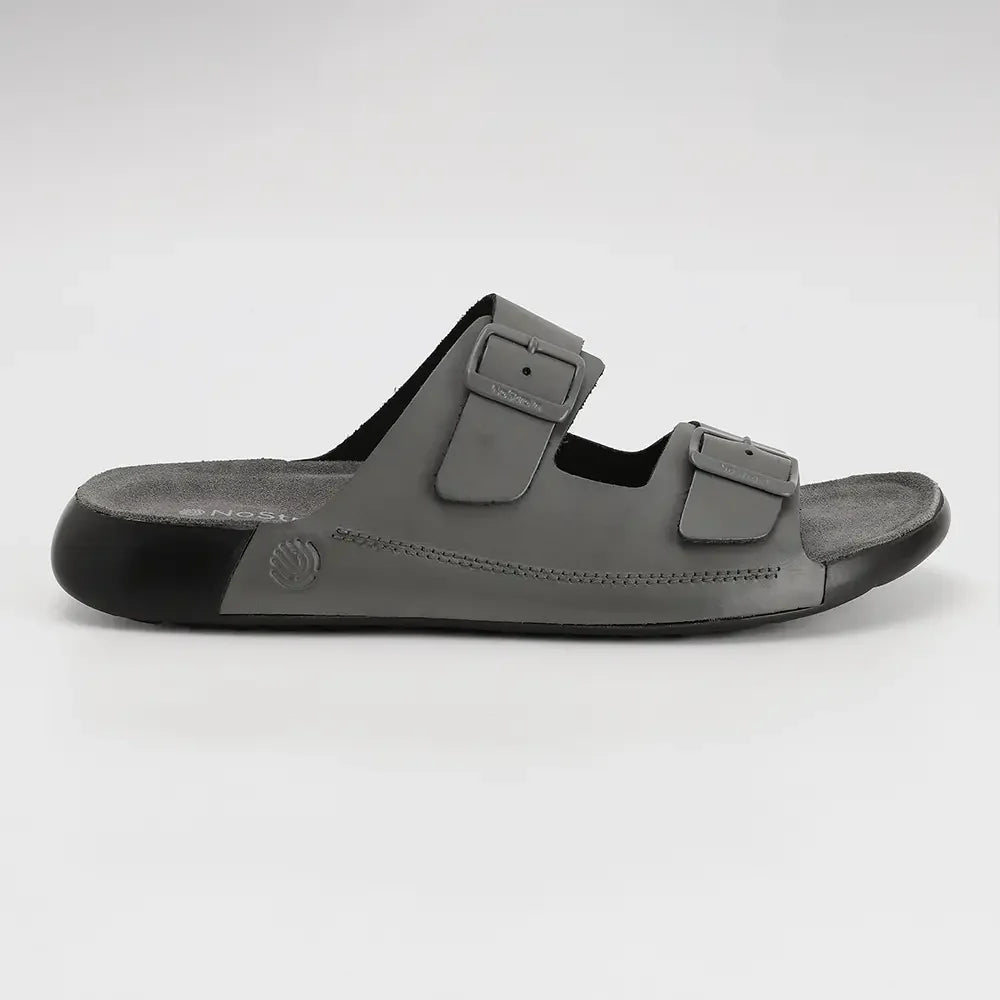 NoStrain men grey leather sandals with buckle adjustable strap