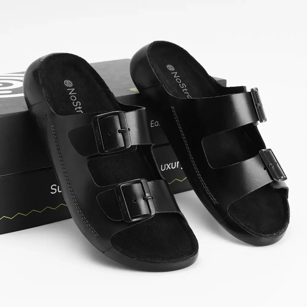 lightweight men black leather sandals with buckles
