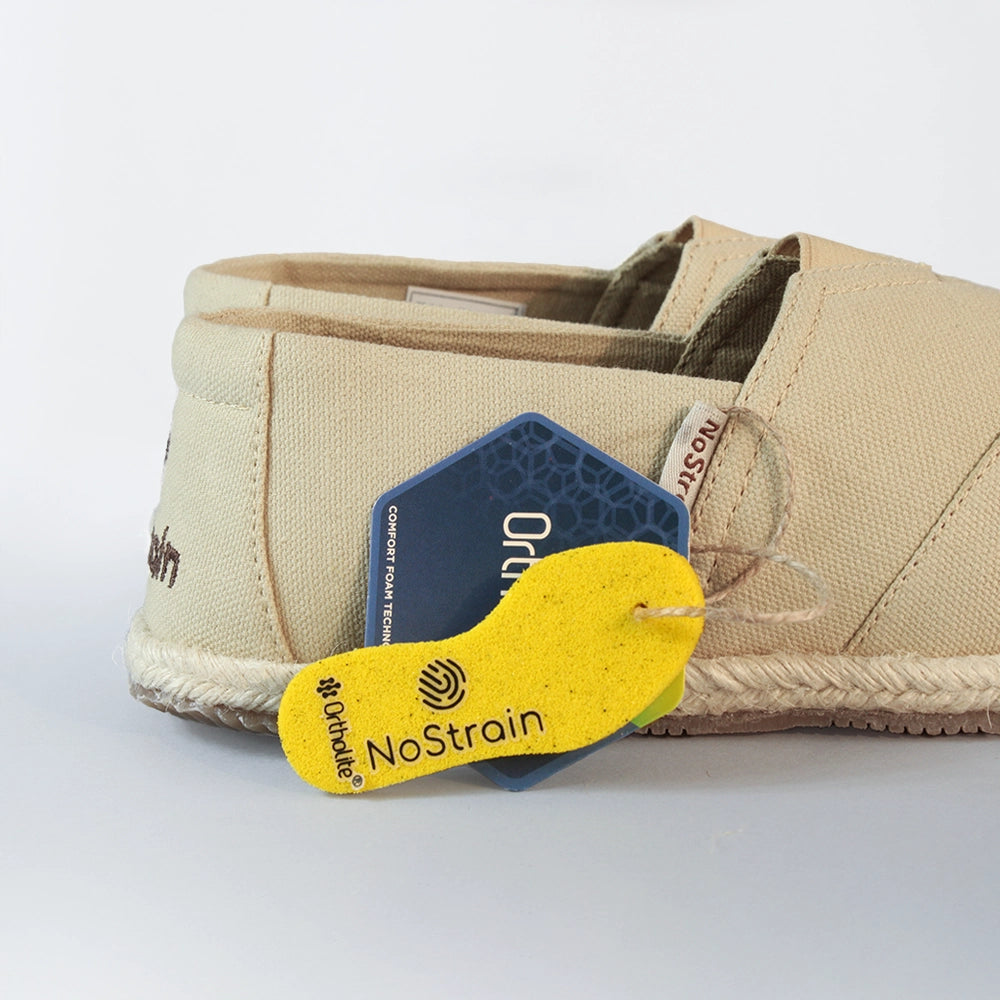 Men’s Beige Cotton Canvas Espadrilles by NoStrain with Breathable Upper, Ortholite Comfort Insole, and Anti-Skid Rubber Sole.