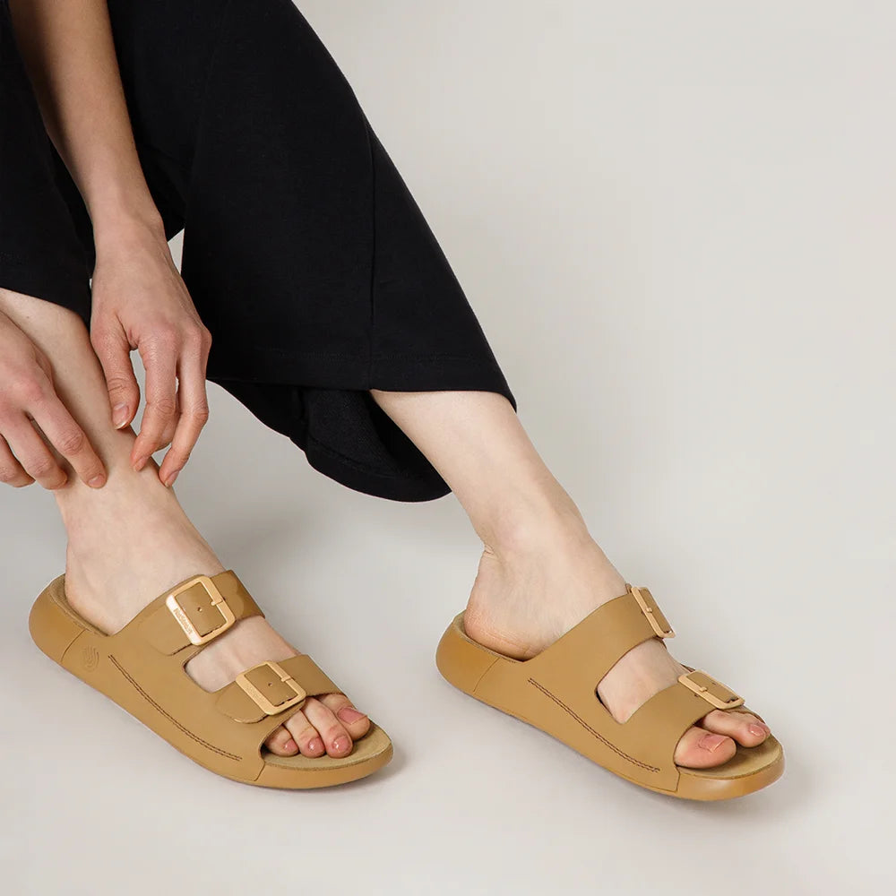 Best NoStrain ladies camel leather sandals with front buckle design and lightweight PU sole.