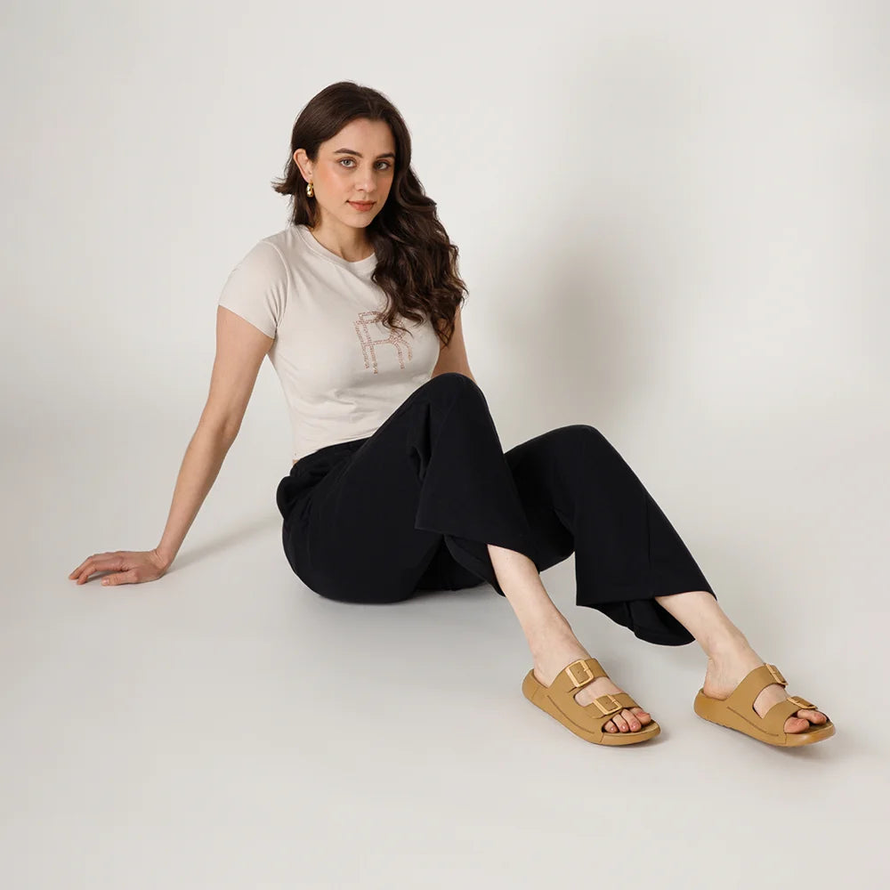 NoStrain women camel footwear leather material with durable PU outsole and adjustable front buckles.