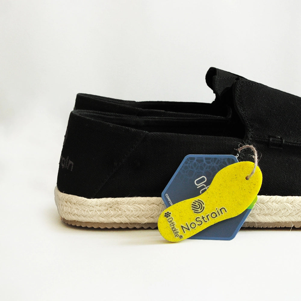 Women’s Black Cotton Canvas Slip-On Espadrilles by NoStrain with Breathable Upper, Ortholite Comfort Insole, and Anti-Skid Outsole.
