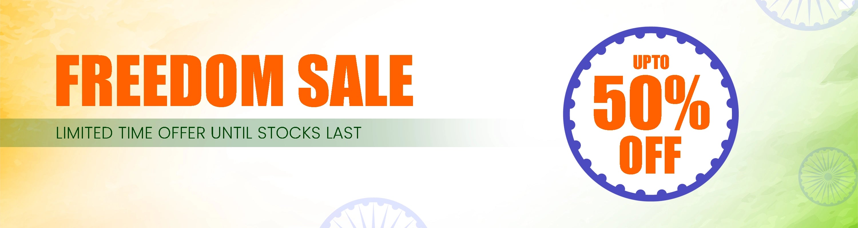 Promotional banner for 'Freedom Sale' with a discount offer on a colorful background.