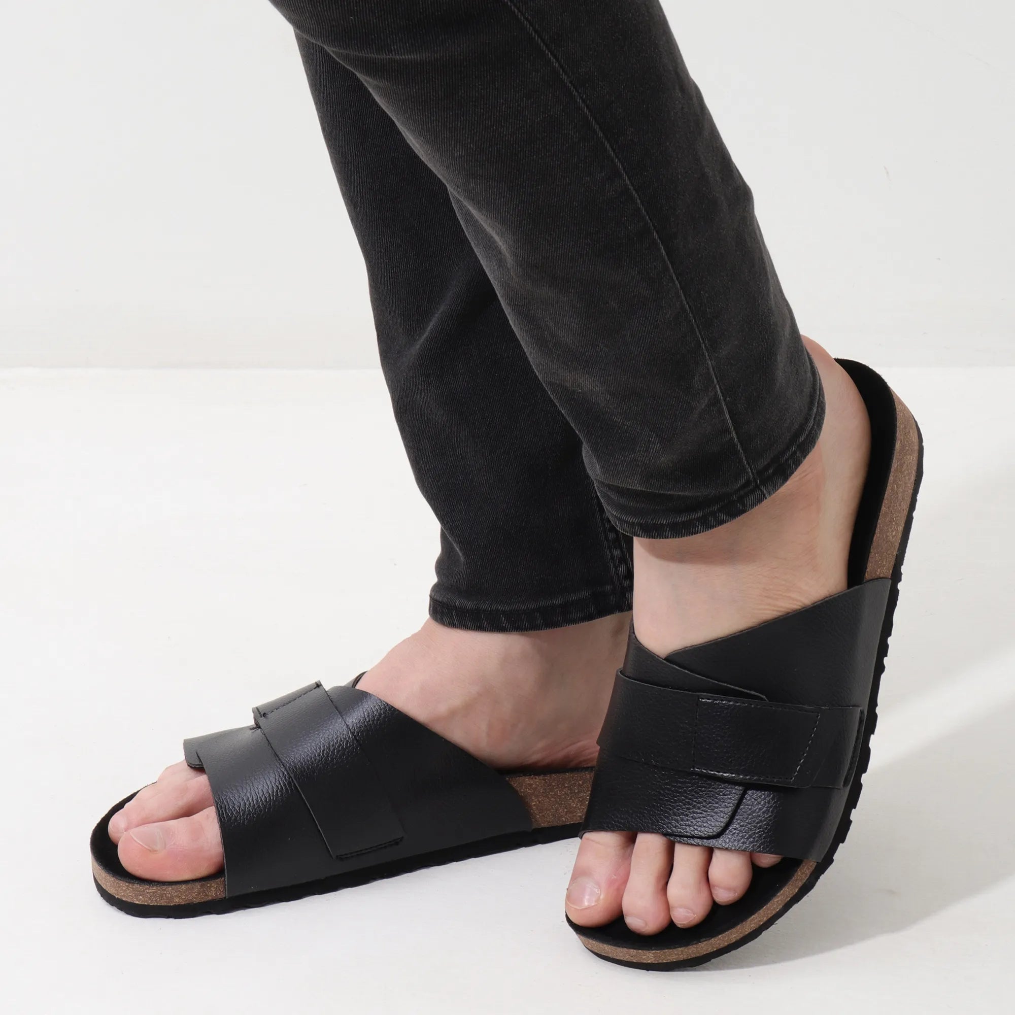 Double Layered Cork Black Leather Sandals for Men 2.0