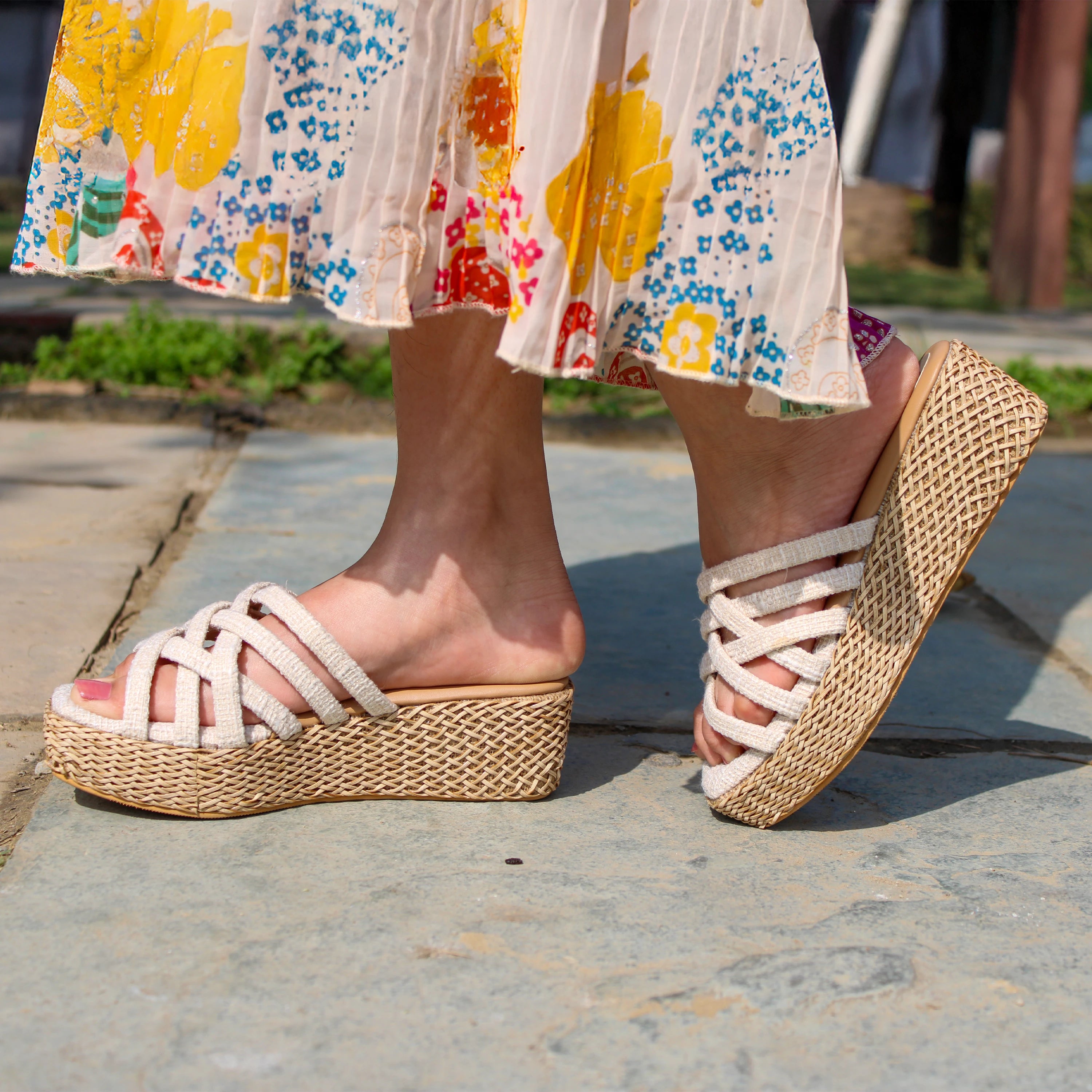 Multi-strap off-white wedges