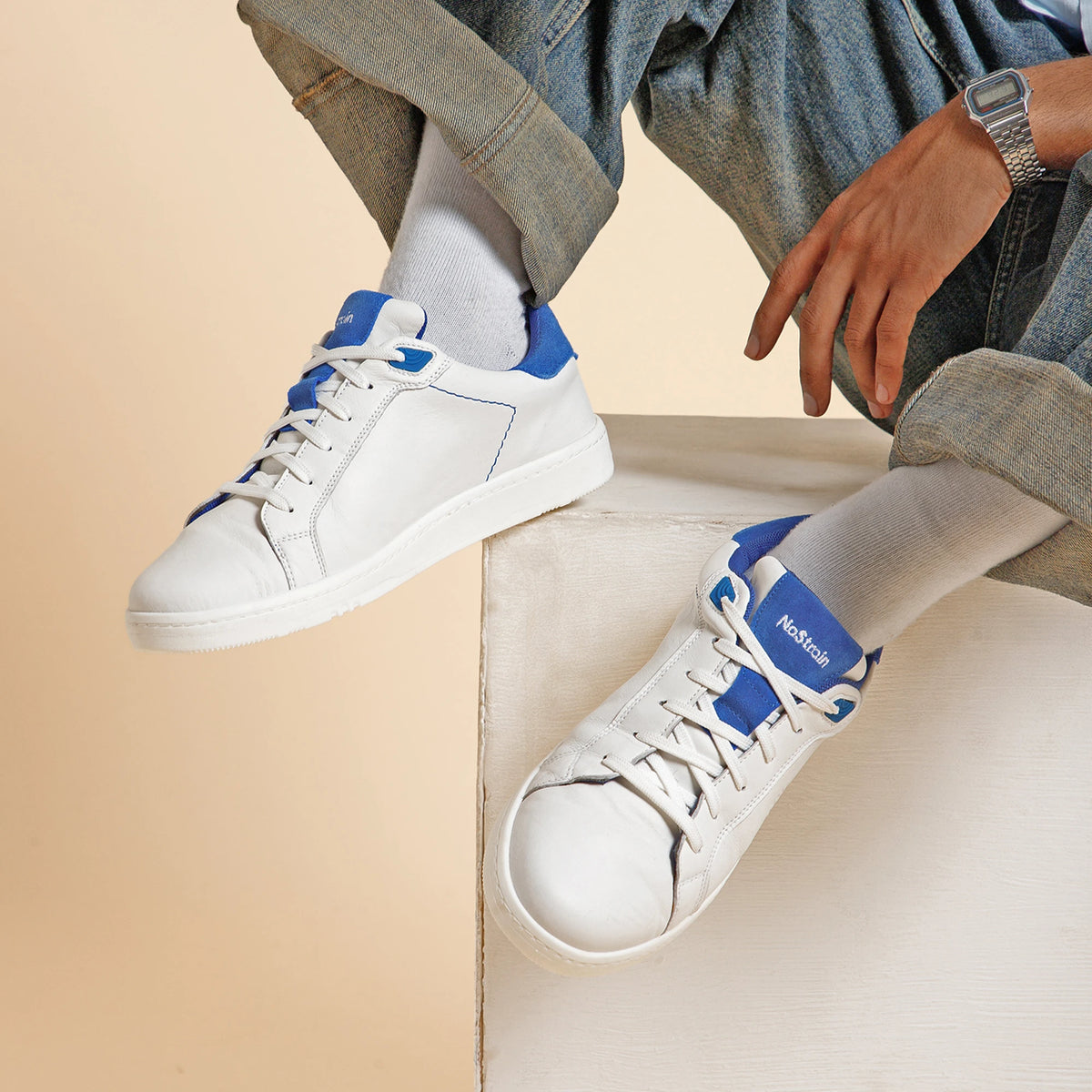NoStrain ALBA Men Sneakers | Leather Tennis-Style Shoes for Men | Casual Lace-Up Sneakers | Royal Blue & White