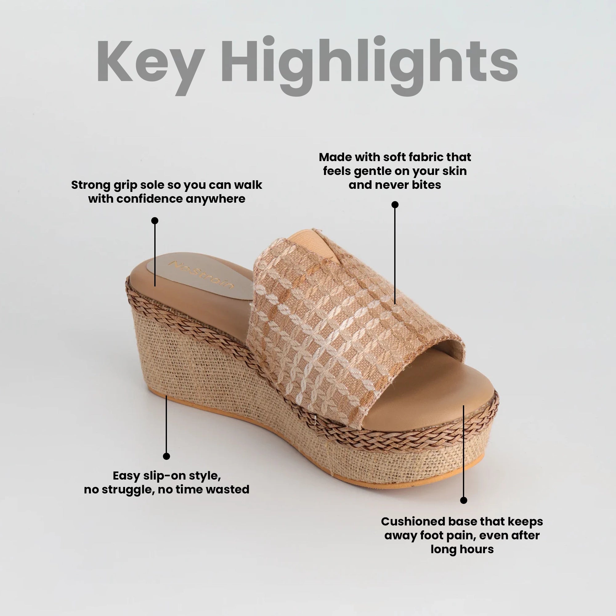 Light brown luxury women's wedge sandals with natural fabric upper, slip-on style, rubber sole, and PU insole.