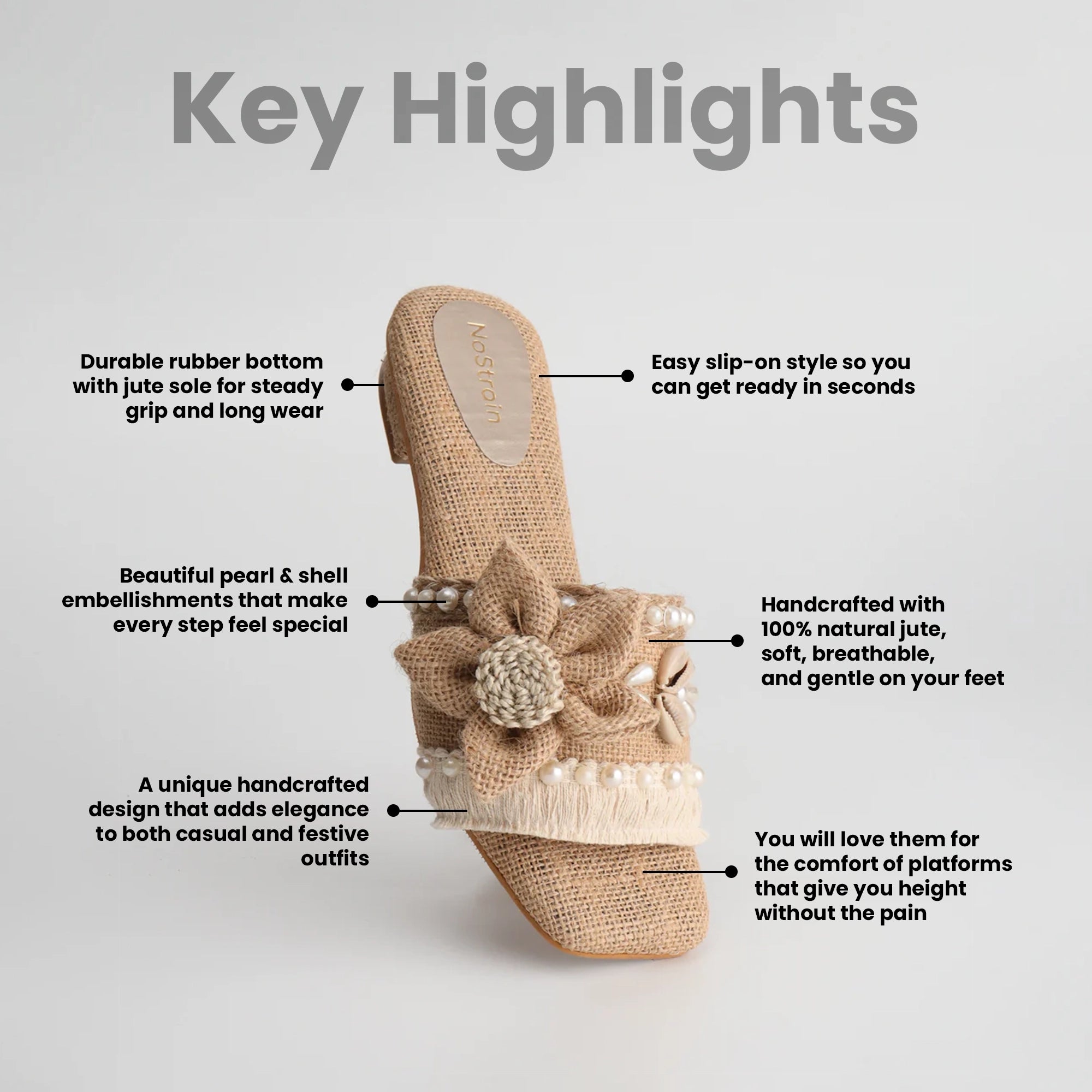 Handcrafted women’s platform sandals with 100% natural jute upper, pearl and shell embellishments, slip-on design, and synthetic rubber sole.